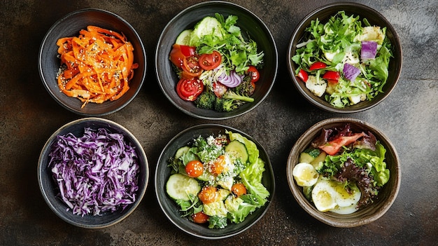 Photo variety of fresh and colorful salad bowls on rustic table top view of six diverse salad bowls