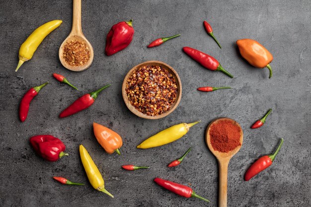 Variety of fresh and dried chili peppers