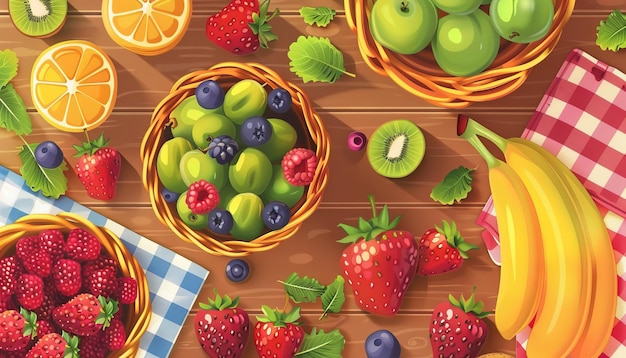 A variety of fresh fruits are on a wooden table There are strawberries blueberries raspberries bananas and oranges