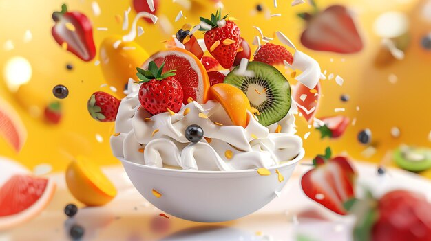 A variety of fresh fruits including strawberries blueberries and oranges are arranged in a white bowl