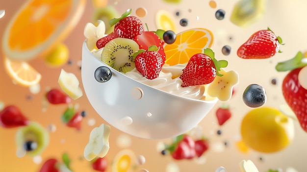 A variety of fresh fruits including strawberries blueberries oranges and bananas are arranged in a white bowl