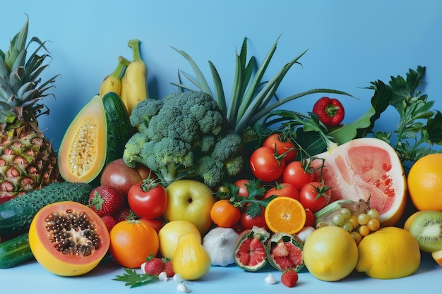 Variety of Fresh Fruits and Vegetables on a Blue Background