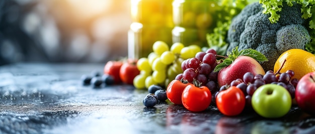 Variety of Fresh Fruits and Vegetables on Dark Surface