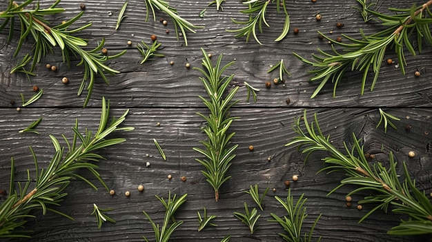 Photo a variety of fresh herbs and spices neatly arranged on a dark wooden surface in the center forming a