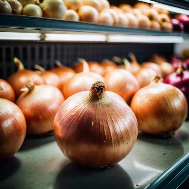 A variety of fresh large onions are neatly arranged on a supermarket counter showcasing their shiny brown skin and inviting shoppers to select them for cooking or meals Generative AI