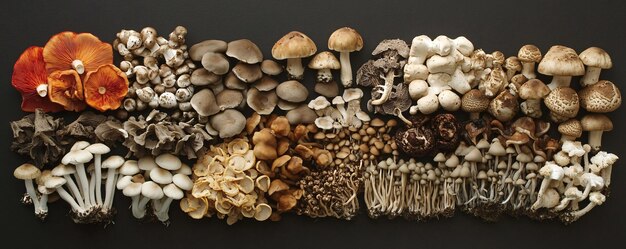 Photo variety of fresh mushrooms lying on dark background