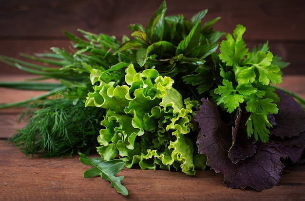 Variety fresh organic herbs (lettuce, arugula, dill, mint, red lettuce and onion) in rustic style.