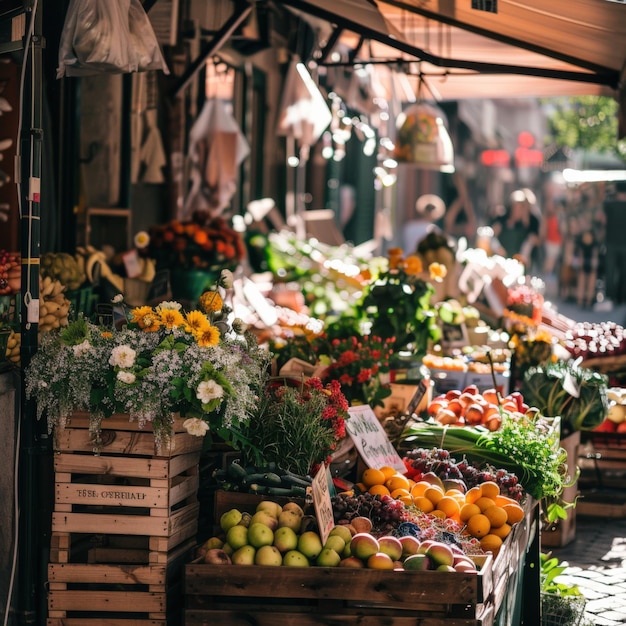 Variety of fresh produce displayed at an outdoor market with flowers