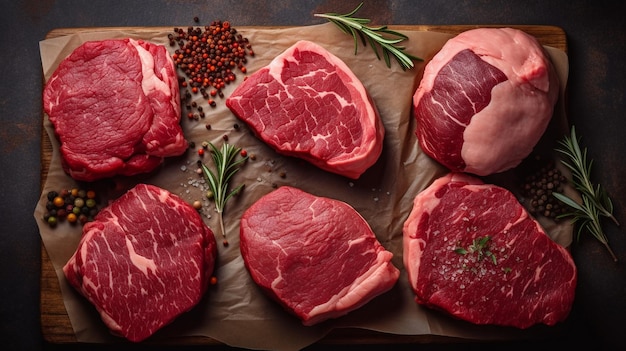 Variety of fresh raw beef steaks