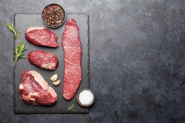 Variety of fresh raw beef steaks