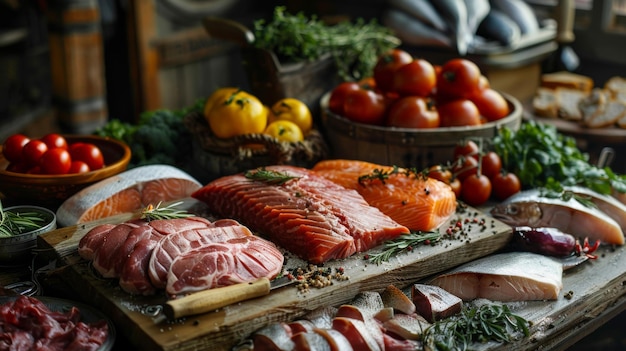 A variety of fresh seafood and meats displayed on a rustic wooden table