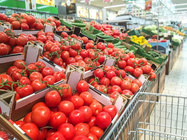 Variety of fresh vegetables for sale in the supermarket and empty shopping cart