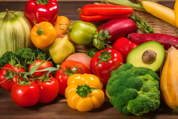 A variety of fresh vegetables on wooden table