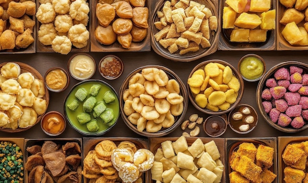 Photo a variety of fried and sweet treats in bowls and dishes