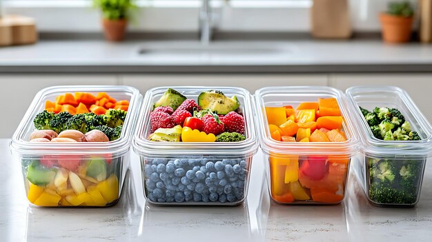 Photo a variety of fruit and berries containers are on a counter