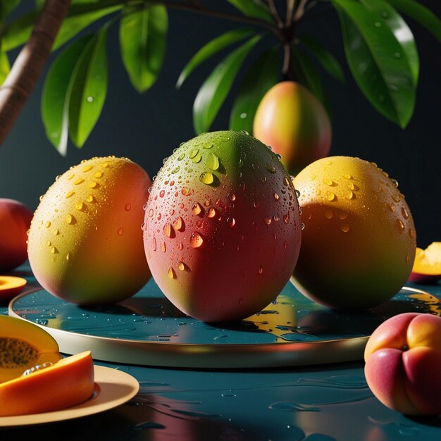 Photo a variety of fruit on a table with a tree in the background