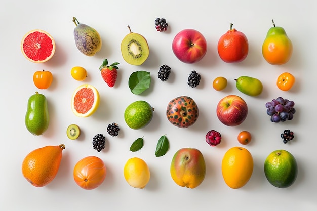 variety of fruits are arranged on white surface collection of various colorful fruits placed on white surface