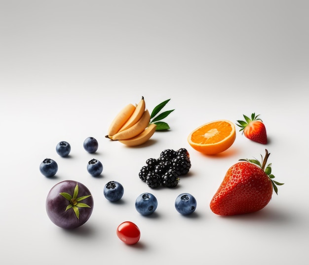 Variety of fruits are arranged on white surface Generative AI