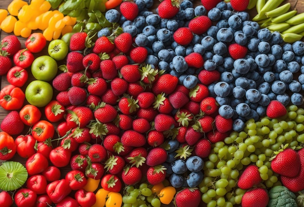 A variety of fruits are displayed in a circle.