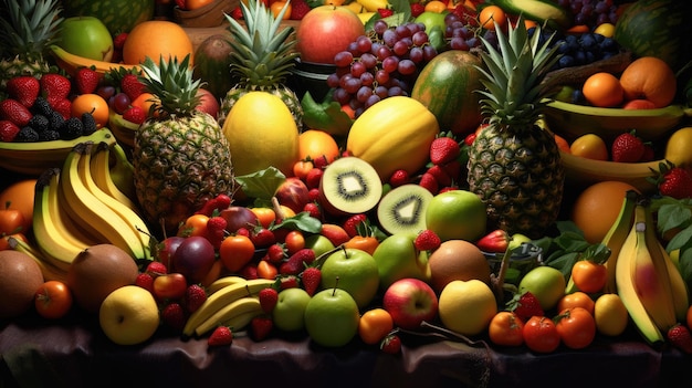 A variety of fruits are displayed on a table.