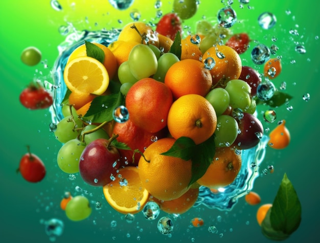 Variety of Fruits falling into the water with splashing