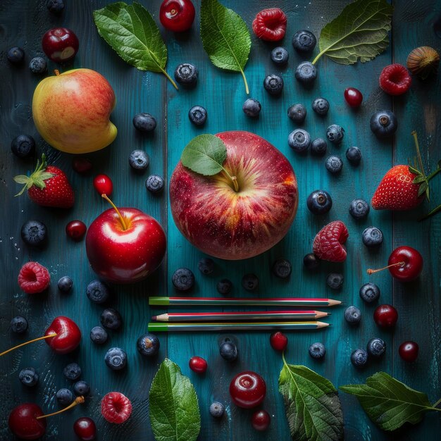 Photo a variety of fruits including blueberries raspberries and a sticker