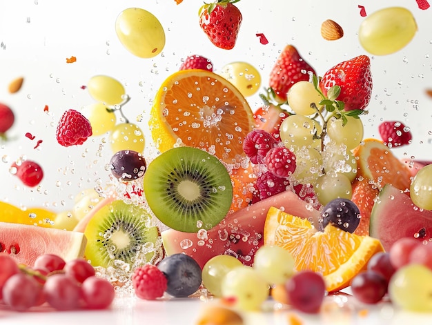 A variety of fruits including kiwis strawberries grapes oranges lemons melon and watermelon captured