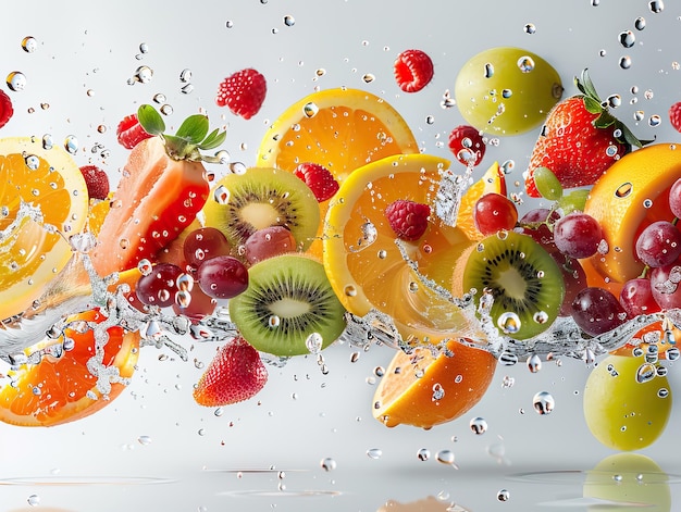 Photo a variety of fruits including kiwis strawberries grapes oranges lemons melon and watermelon captured