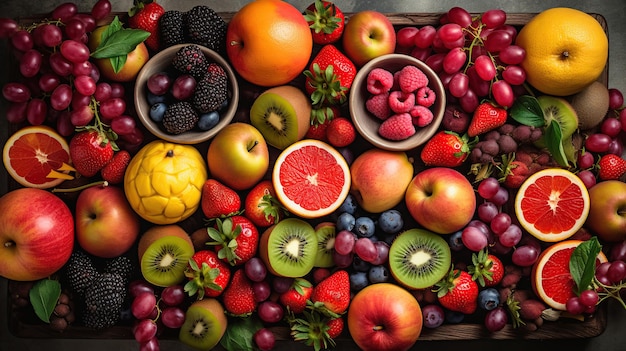 A variety of fruits including kiwis strawberries oranges and other fruits