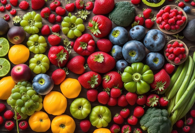 A variety of fruits including strawberries, blueberries, and other fruits.