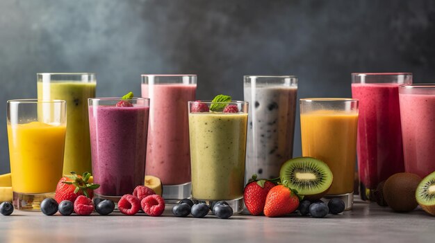 A variety of fruits and smoothies are arranged on a table with a dark background