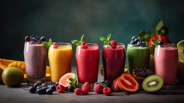 A variety of fruits and smoothies are arranged on a table with a dark background