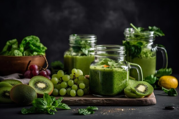 A variety of fruits and smoothies are arranged on a table with a dark background