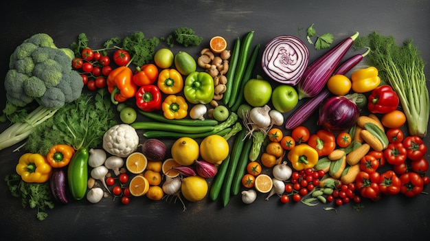 A variety of fruits and vegetables are arranged on a black background.