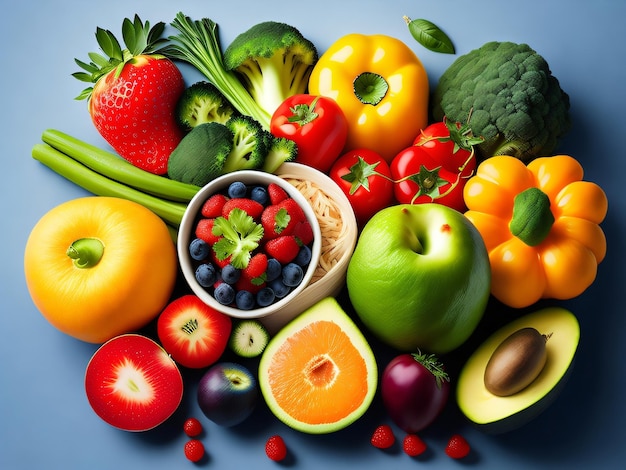 A variety of fruits and vegetables are arranged on a floor