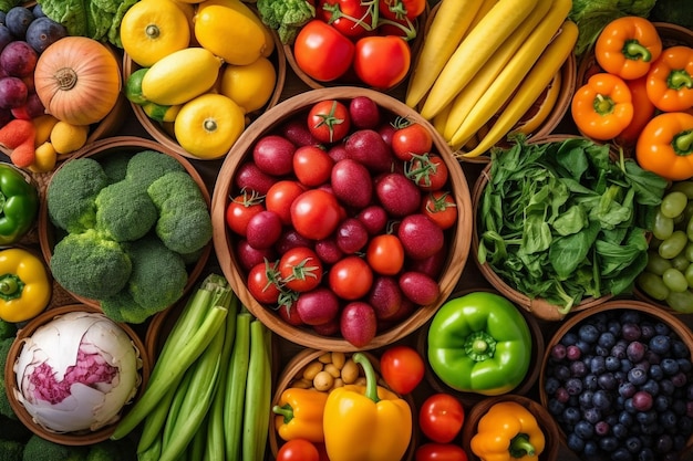 A variety of fruits and vegetables are arranged in a large bowl.