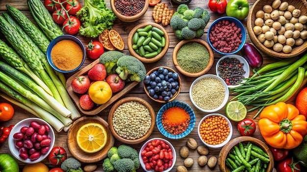 a variety of fruits and vegetables are displayed on a table