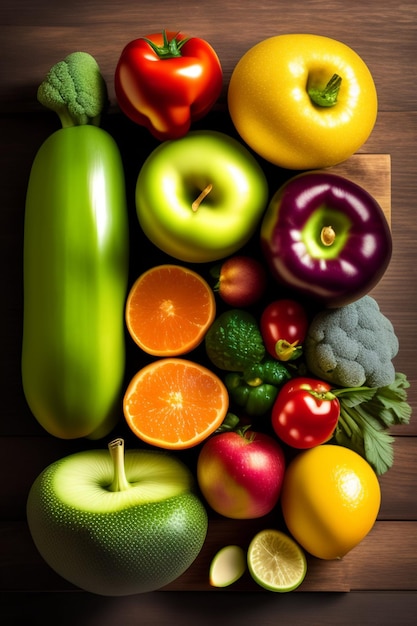 A variety of fruits and vegetables are displayed on a wooden table.