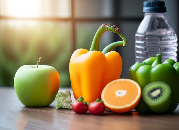 A variety of fruits and vegetables are on a table.