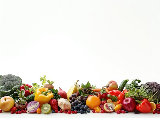 A variety of fruits and vegetables displayed on a white background