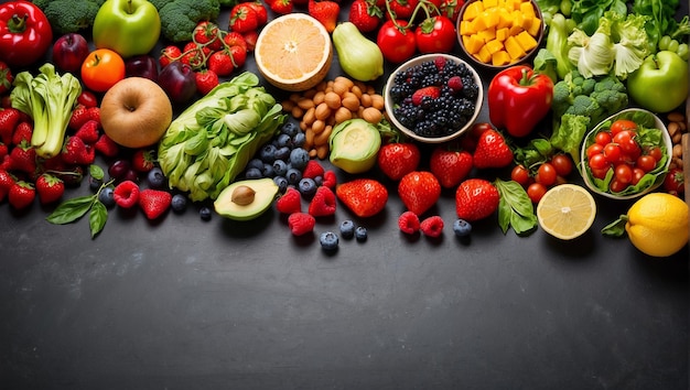 A variety of fruits vegetables and grains are arranged on a table