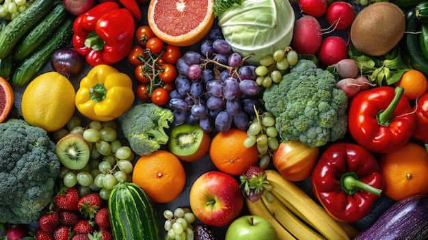 a variety of fruits and vegetables including broccoli grapes and oranges