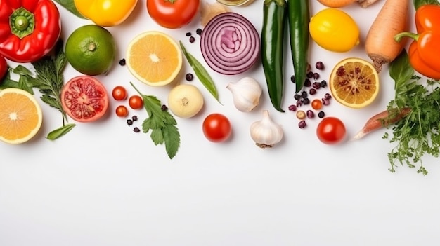 A variety of fruits and vegetables on a white background