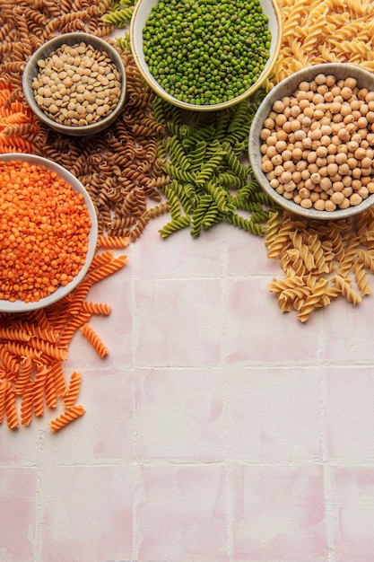 A variety of fusilli pasta from different types of legumes Glutenfree pasta