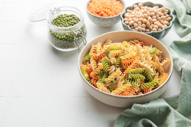 A variety of fusilli pasta from different types of legumes Glutenfree pasta