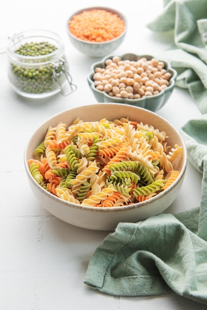 A variety of fusilli pasta from different types of legumes Glutenfree pasta