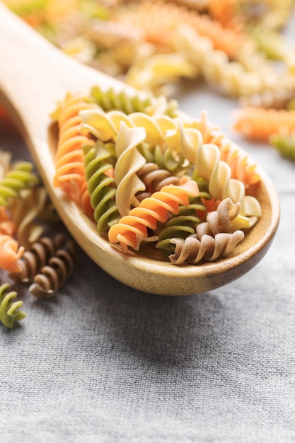 A variety of fusilli pasta made from different types of legumes green and red lentils mung beans and chickpeas Glutenfree pasta