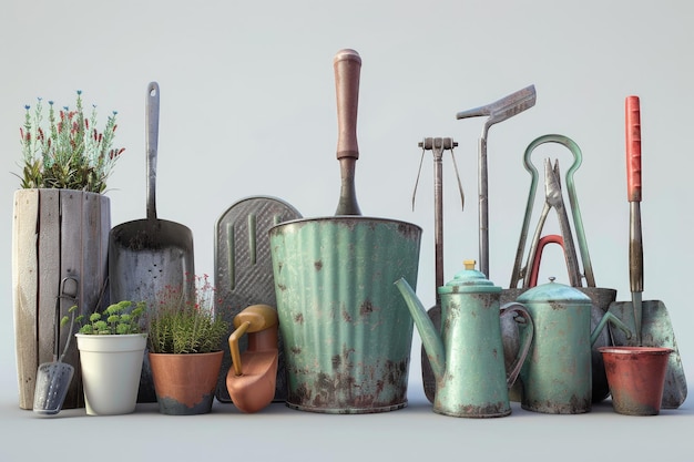 Variety of gardening tools and utensils arranged neatly