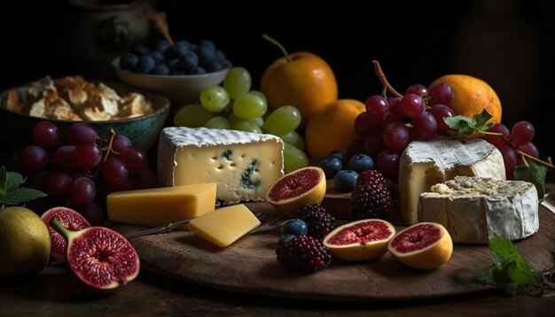 Photo variety of gourmet cheeses and fresh fruit on rustic tray generated by ai