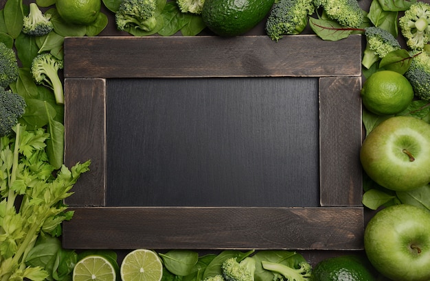 Photo variety of green fruits and vegetables with slate board